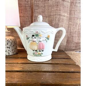 Vintage Porcelier Teapot Dutch Boy and Girl Made In The USA White Vitreous China